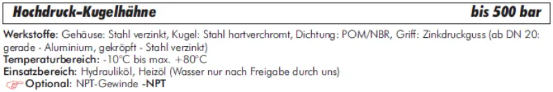 Datenblatt Hochdruck Kugelhahn Stahl verzinkt 500 bar alle Größen